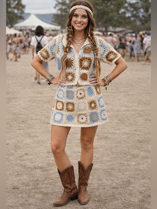 Tops - Boho Crochet 2-Piece Set Sunburst Knit Top & Skirt